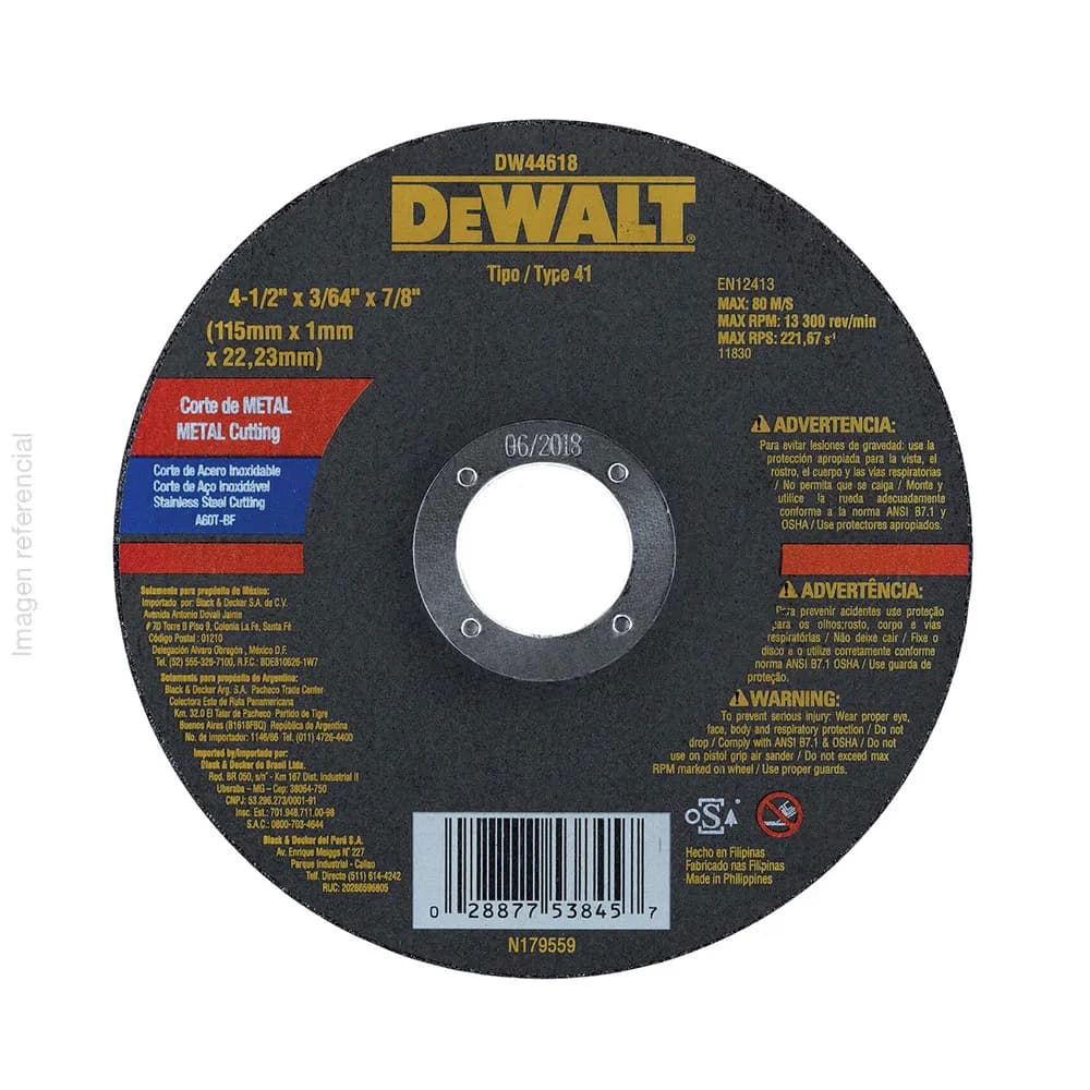 DISCO CORTE INOX 4 1/2" X 1.0MM DW44618 - DEWALT
